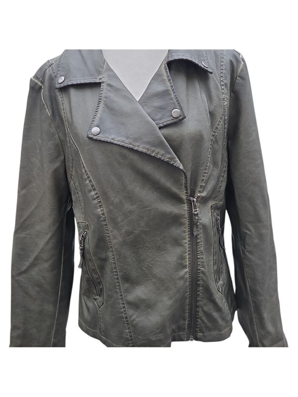 Max Studio Dark OLIVE green Faux Leather Jacket XL Fully Lined Heavy Side  Zip